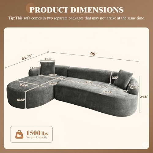Image of 99 inch Curved Sectional Sofa with Chaise, Gray, Left Chaise+Right Sofa | Modern Boneless Couch, Deep Seat, L Shaped 3-Seater Cloud Couch, No Assembly Needed, Chenille