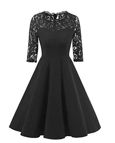sankill Femme Floral Dentelle 1950s Vintage une ligne Bateau Cou Swing Cocktail Robe Noir