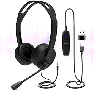 USB Headset with Microphone, 3.5mm/USB Jack 2-In-1 Computer Headset with Noise Cancelling & Audio Controls for Laptop Tablet, PC Headphone for Skype Call Center, Business Chat, Gaming, Teaching, etc