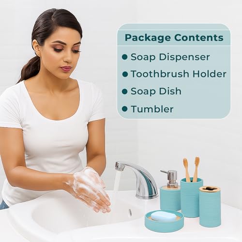 Image of Story@Home 4 Pieces Bathroom Accessories Set - Teal | Toothbrush Holder, Soap Dispenser, Mouth Wash Cup & Soap Dish for Home Kitchen & Bathroom | Bathroom Essentials for Office