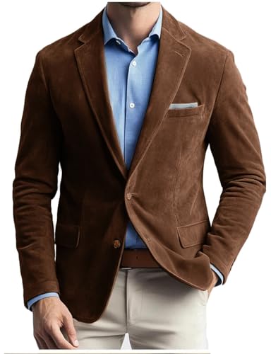 VENNYNG Men's Blazer Fall Suede Suit Jackets Single Breasted Casual Slim Fit Autumn Sport Coat Dark Brown