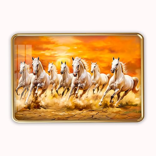 Image of 7 Running Horses Photo Frame, Ultra High Gloss Lamination, Vastu Painting for Living Room, Office, 12x18 Inch (Design 8)
