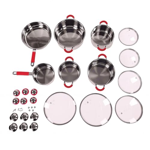 Generic Juego de Baterías de Cocina de Acero Inoxidable, Juego de Ollas y Sartenes de 6 Piezas con Base Reforzada de Triple Capa y Tapas de Vidrio, para Todas Las Placas de Cocción, (rojo)