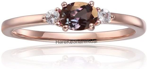 Oval Alexandrite Ring 925 Sterling Silver Rose Gold Vermeil | Color Changing Gemstone Ring for Women | Dainty Three Stone Engagement Ring | June Birthstone Anniversary Jewelry