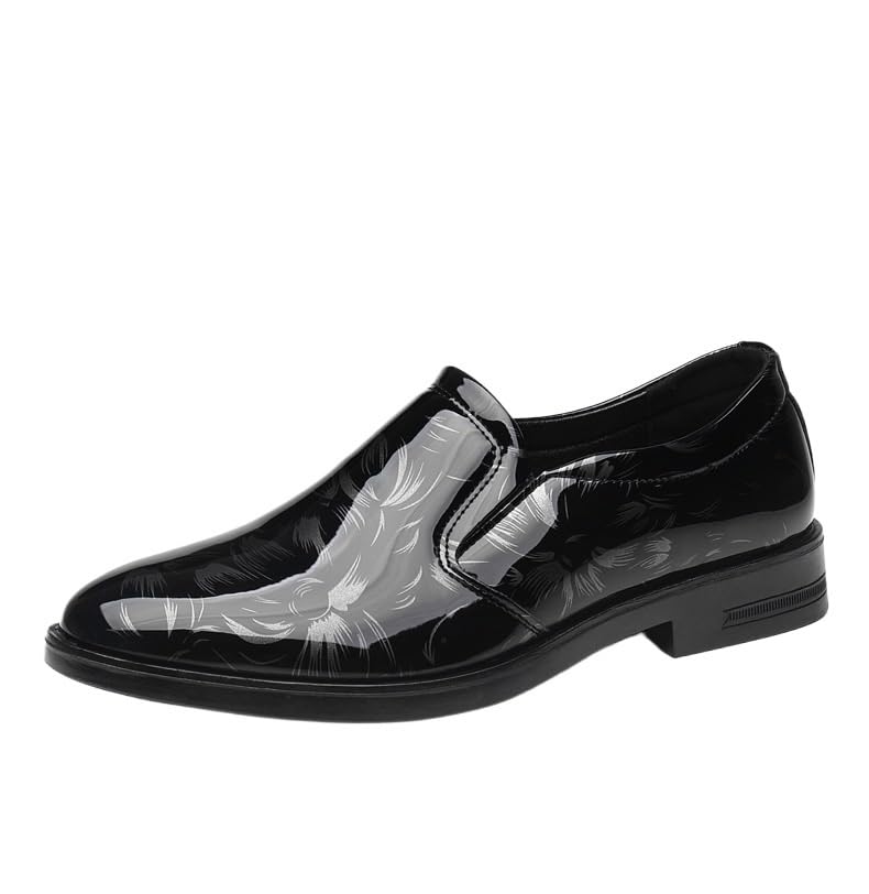 Shoes Dress Oxford for Men Slip On Round Toe Patent Leather Floral Shoes Anti-Slip Non Slip Block Heel Slip Resistant Rubber Sole Walking