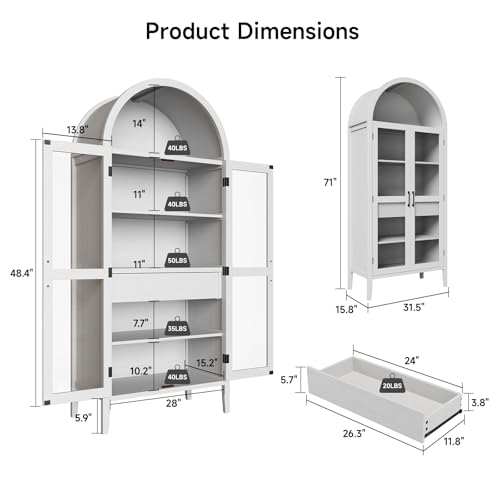 ONBRILL 71" Tall Arched Cabinet, 5-Tier Arched Kitchen Pantry with Glass Doors & Drawer, Modern Display Pantry Cabinets with Adjustable Feet, Wooden Pantry for Kitchen, Living & Dining Room, Off White