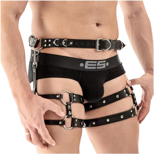 Pfylinqo Men's PU Leather Caged Thigh Holster Goth Sexy Punk Suspenders Cage Leg Garter Thigh Harness Men Restraints Leg Harness (PU Leather material upgrade)