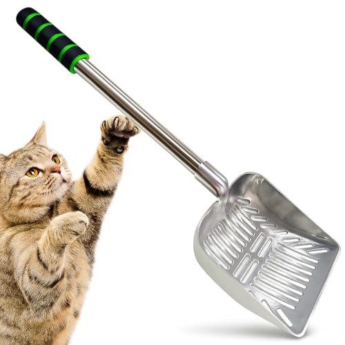 SunGrow Cat Litter Scoop, Stainless Steel Long Handle Chicken Coop Poop Scooper, Comfortable 9” Handle, 5” Wide Mouth, Narrow Slits and High Sides Metal Sifter, for Litter Boxes or Gardening