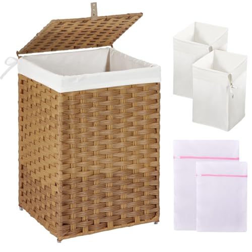 Image of GREENSTELL Laundry Hamper with Lid, 60L Clothes Hamper with 2 Removable Liner Bags & 2 Mesh Laundry Bags, Handwoven Synthetic Rattan Laundry Basket for Clothes, Toys in Bathroom, Bedroom Natural