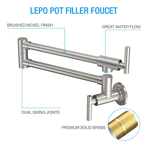 Lepo 31211L(LP-TT9053BN) Pot Filler Faucet, Wall Mount Solid Brass Brushed Nickel Double Joint Swing Arm Folding Kitchen Faucets thumb #2