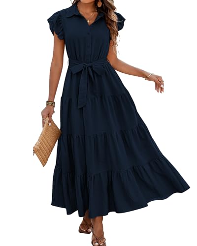 dowerme Women's Summer Casual Dresses 2025 Cap Ruffle Sleeve V Neck Button Belted Tiered Boho Maxi Dress with Pockets