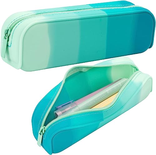 Silicone Pencil Case Aesthetic Pencil Pouch Bag Pencil Case Organizer Multifunctional Gradient Color Waterproof Pen Bag Girls Small Travel Cosmetics Bags Makeup Brush Organizer (Gradient Turquoise)