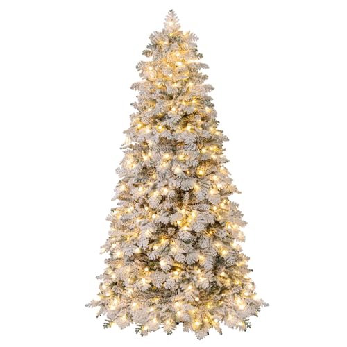 Goplus 7 FT Pre-Lit Snow Flocked Christmas Tree, Artificial Hinged Xmas Tree with 806 Mixed Branch Tips, 320 Warm White LED & 160 Globe Lights, 8 Modes, Metal Stand, Home Office Holiday Decoration
