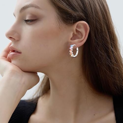 Hapour Tiny Rainbow Hoop Earrings 925 Sterling Silver | Inlaid Colorful Cubic Zirconia Huggie Earrings for Women Teen as Birthday Gift-Multicolored Stones2