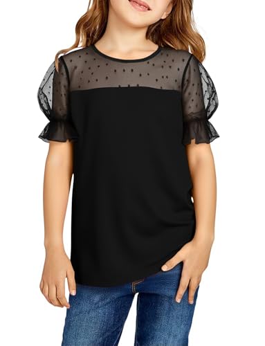 Haloumoning Girls Shirts Sheer Puff Sleeve Tops Cute Swiss Dots Summer Blouse Tee 5-14 Years
