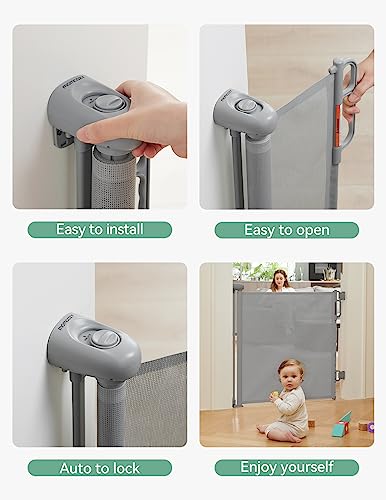 Momcozy Automatischer Verriegelung Treppenschutzgitter Ausziehbar für Baby, Haustier Türschutzgitter, Kinderschutzgitter, Einhändig Öffnen,0-140 cm, Geeignet für Treppen/Türen/Innen & Außen