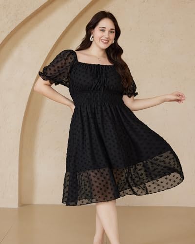 2025 Women Summer Plus Size Dresses Swiss Dot Puff Sleeve Square Neck Smocked Beach Vacation Flowy Tiered Dress3