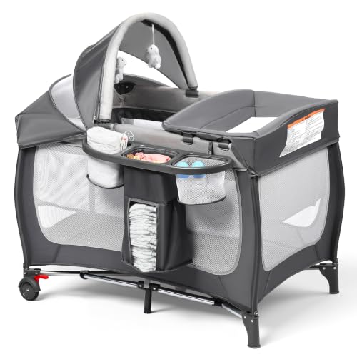 Image of Kinder King 4 in 1 Portable Pack and Play, Baby Playard w/Bassinet, Grey | Large Playpen for Infant and Toddler, Newborn Changing Table, Adjustable Canopy, Storage Basket, Travel Bag, 0-36 Months