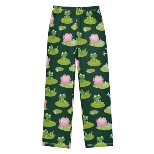 ZZXXB Frog Dragonfly Lotus Print Boys Long Pants Soft Trousers Elastic Waist Kids Lounge Bottoms with Pockets S-XL