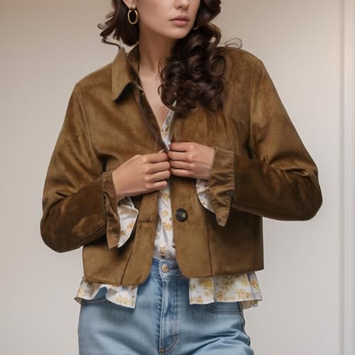 Xunger Women's Retro Faux Suede Bomber Jacket Cropped Lapel Coat Button Front Pockets Casual Streetwear Oversized Outerwear2