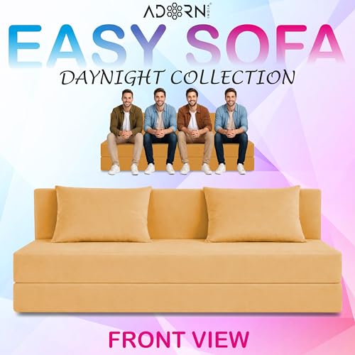 Image of Adorn India Easy 4 Seater Sofa Cum Bed | Velvet Fabric | Yellow | Plain Design | 6x6 Ft | Comfortable Seating | Washable Cover | Perfect for Home & Office