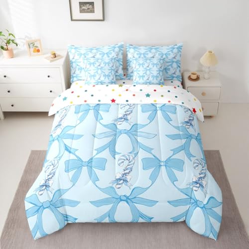 Image of Kawaii Comforter Set 7 Piece Bed in a Bag Twin | Blue Bow Bedding Sets Santa Sticks Candy Canes Comforter and Sheet Set, Dreamy Ribbon Princess Bowknot Bed Sets,Cute Aesthetic Room Decor