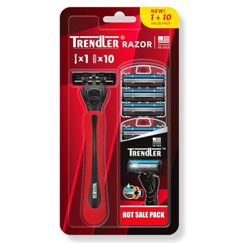 Image of 3 Blade Red Razor for Men with Free Stand - Smooth Shaving Razor, Anti-Slip Handle, 1 Handle + 3 Blade Cartridges.