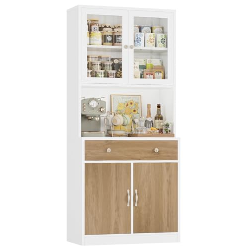 HOCSOK Buffet Cuisine, Armoire de Cuisine, Vitrine en Verre avec Étagères Réglables, 2 Portes Vitrées, Tiroirs et Micro-Ondes, Meuble de Rangement pour...