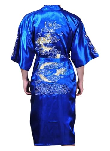 Mens Silk Kimono Robe Mens Japanese Silk Dragon Bathrobe Chinese Kimono Robe Men Open Front Long Cloak with Belt(Blue,XXXX-Large)