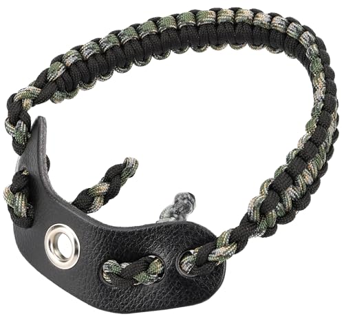 SUNYA Archery Bow Wrist Sling, 550 Paracord Strap Comfortable on Hand.100% Full Grain Leather Yoke, Multiple Camo Colors.Fit Compound Bow Stabilizer & Recurve. (Iron Rider 43)
