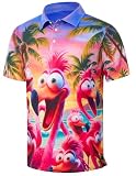 Cozople Men's Polo Shirts Short Sleeve Golf Funny Flamingos Hawaiian Print