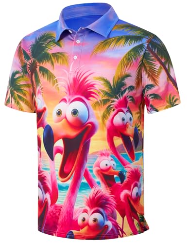 Cozople Men's Funny Flamingo Hawaiian Polo