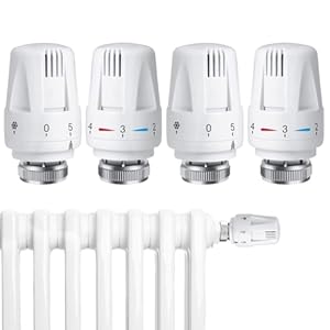 Set van 4 verwarmingsthermostaat voor radiatoren en koelerventiel, M 30 X 1,5 incl. reservekop. Automatische temperatuurregeling door thermostaat in standaardformaat – ideale radiatorthermostaat