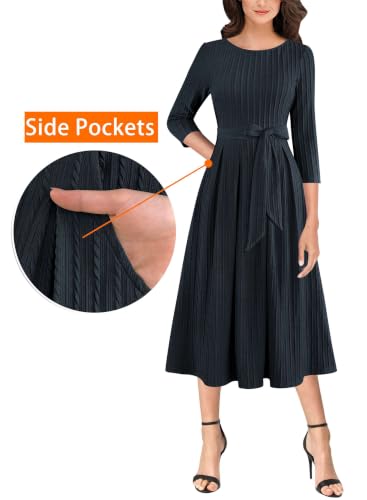 Image of VFSHOW Womens Work Business Casual Church Pockets Belted A-Line Midi Dress