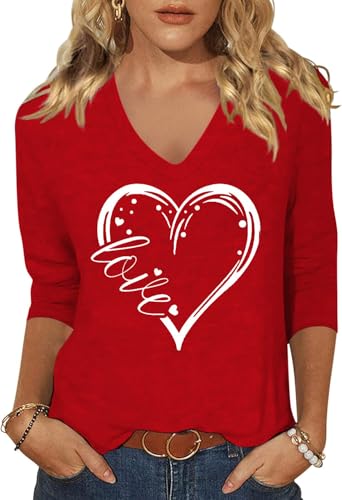 Image of Womens 3 /4 Sleeve V Neck Valentine T Shirts Love Heart Printed Graphic Tee Tops