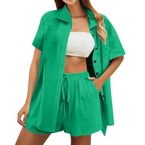 Generisch Dos piezas para mujer, verano, manga corta, blusa, botones, pantalones cortos, holgados, lisos, informales, para la playa, cómodos, ropa deportiva, juego de pijama, traje de casa, traje de