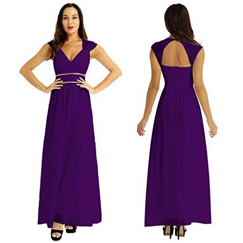CHICTRY Women's V Neck Backless Maxi Long Bridesmaid Dress Empire Waist Dresses for Wedding Party Deep_Purple 4
