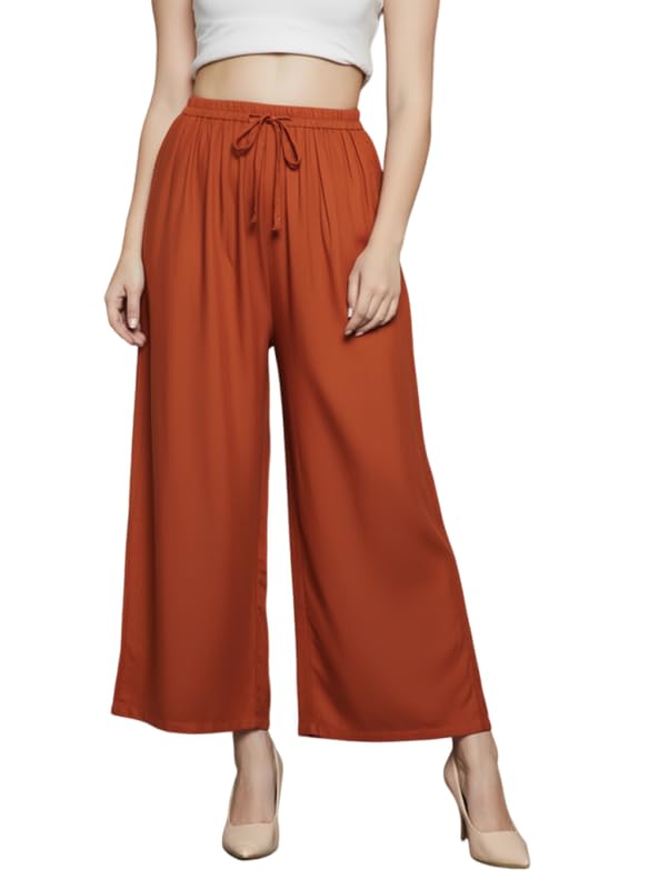 Image of Super Soft Viscose Rayon Flared Palazzo Pants for Women Stylish Wide Leg Straight Relaxed Fit Casual Ethnic Office Wear