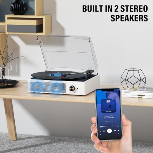 Image of Record Player with Speakers Vintage Belt-Driven Turntable Bluetooth 3 Speed 3 Size Wireless Playback AUX-in RCA Out Headphone LP Vinyl Players Auto Stop Fashion White