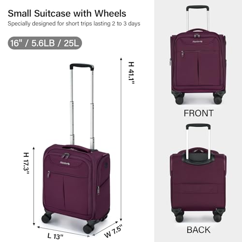 Image of Hanke 45CM Small Soft Shell Cabin Trolley Bags, 8 Silent Spinner Wheels,Charging Port, 8 Storage Compartments, Lightweight Compact Carry-On Luggage for Short Trips & Overnight Use,Purple