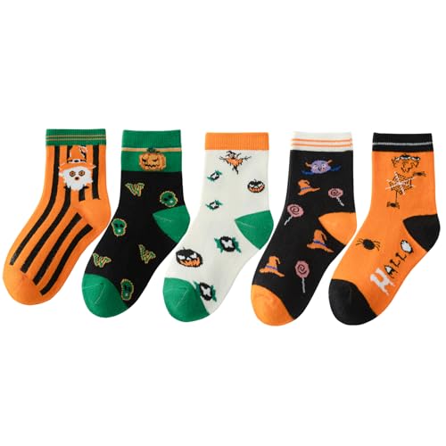 PAPPNTI 5 Pairs Halloween Socks Kids Novelty Holiday Socks Boys Funny Crew Socks Girls with Cartoon Patterns Multicolor1 L(5-7 years)