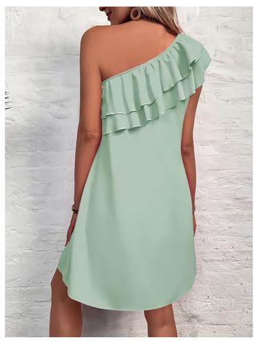 Floerns Women's One Shoulder Tiered Layered Sleeveless Ruffle Trim Tunic Dress3