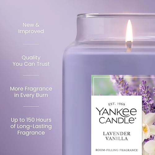 Yankee Candle Large Jar Scented Candle with up to 150 Hour Burn Time, Premium Plant Wax Blend for Consistent Burn, 22 oz Jar Candle with Room Filling Fragrance, Lavender Vanilla