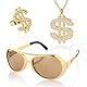 KarneLux Dollar Accessoires 3er Set - 80er Jahre Herren Gangster Hip Hop Zubehör - Brille, Ring und Sonnebrille für Fasching oder Karneval