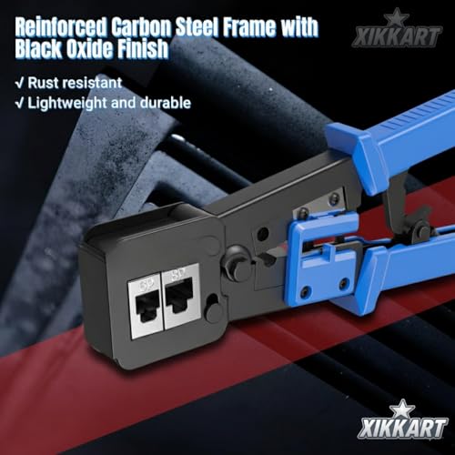 Image of XIKKART Pass-Through RJ45 Crimping Tool for CAT5 /CAT6 | Heavy-Duty Network Cable installation Crimper with Wire Stripper & Cutter | Professional Ethernet Connector Crimp Tool for Modular Plugs, (Blue)