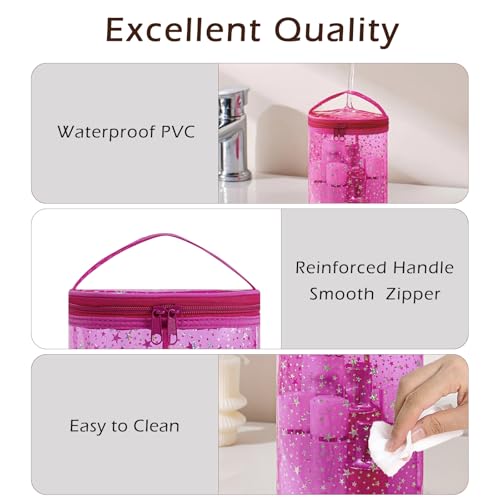 Clear Star Lotion Cylinder Bag for Toiletry,Waterproof PVC Sunscreen Travel Makeup Bag,Top Handle Cosmetic Bag Gift for Beach and Pool(01Hot Pink)4