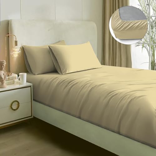 Image of Naksh Japandi Vibes Collection 100% Cotton 210 TC Plain Elastic Fitted Bedsheets Super King Size 78 x 72 Inches, Beige | 1 Elastic Bedsheet King Size Cotton & 2 Pillow Covers |Super King Size Bedsheet