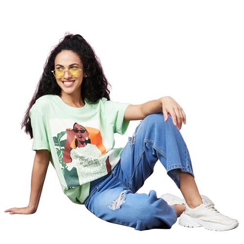 Image of Globus Women Ivory Typography Print Round Neck Oversized Casual T-Shirt-3638185004