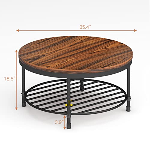 Image of Round Coffee Table, Rustic Wood Surface Top & Sturdy Metal Legs Industrial Sofa Table for Living Room Natural End Table Modern Design Home Furniture with Storage Open Shelf(Dark Red Brown)