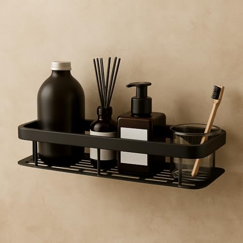 Image of Dangfly Wall-Mounted Stainless Steel Shelf with Towel Holder & Hooks - Chrome Finish Bathroom Organizer for Home & Hotel Use (Black 1 pcs)
